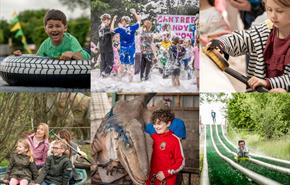 Collage showcasing the Summer Festival at Cantref Adventure Farm in the Brecon Beacons, featuring children enjoying a giant slip and slide, a foam par